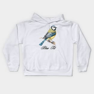 a blue tit is sitting on a branch Kids Hoodie